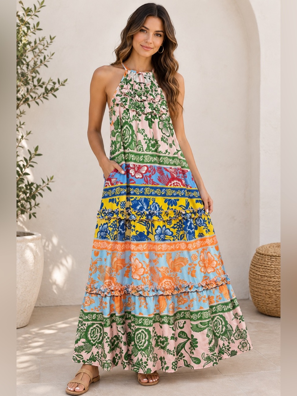 ✨Grace Karin Multicolor Floral Tiered Halter Maxi Dress Size M